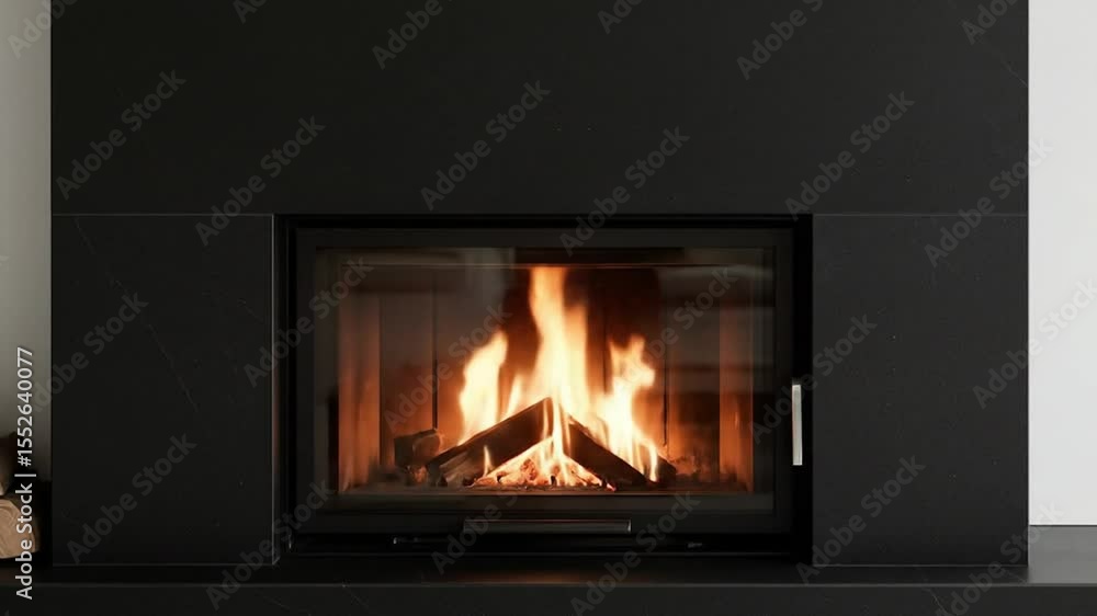 Modern Fireplace with Burning Logs and Glass Door in a Dark Stone Surround Modern Fireplace with Burning Logs and Glass Door in a Dark Stone Surround