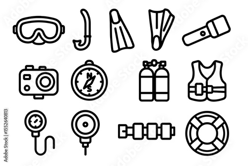 Outline icons of diving gear: mask, snorkel, fins, camera, compass, tanks, vest, regulator, life ring