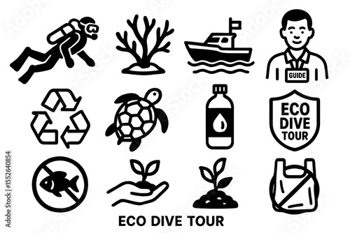 Eco dive tour icons: conservation, marine life, and sustainability