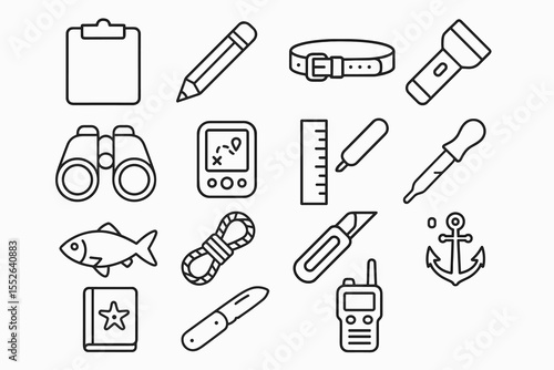 Vector icons of camping: flashlight, compass, anchor, fishing, knife, rope