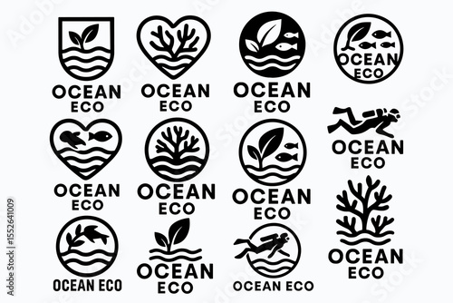 Collection of ocean eco logos featuring marine life and environmental symbols