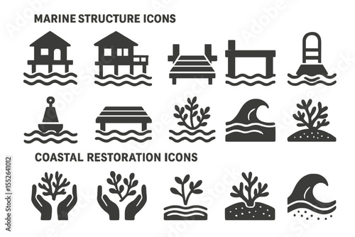 Marine structure and coastal restoration icons for environmental design projects