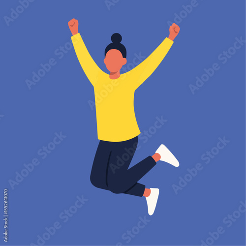 Young excited female character jumping and expressing positive emotions, having fun, good vibe