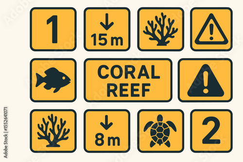 Underwater coral reef warning signs with depth indicators and marine symbols