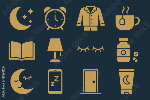 Nighttime routine icons: clock, pajamas, tea, book, lamp, sleep mask, pills, moon, phone, door