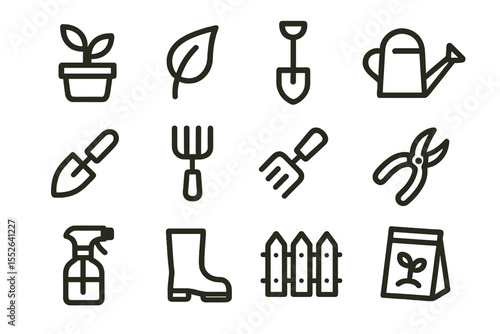 Garden tool icons set: plant, leaf, shovel, watering can, pruning shears