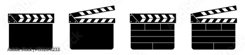 Collection of movie clapper board icons in different styles and positions. Ideal for film, cinema, video editing, media production, and director related graphic elements and UI design.