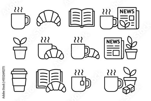 Coffee, tea, croissant, plant, book, and news icons
