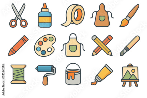 Colorful art supplies icons: scissors, glue, paint, apron, crayon, palette, pencil