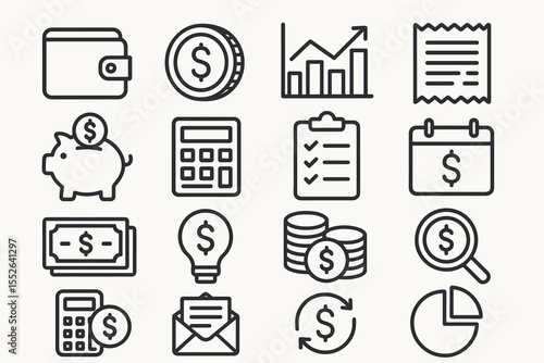 Finance icons: money, wallet, piggy bank, graph, calculator, receipt, coins, chart