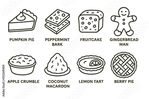 Iconic holiday desserts set: pumpkin pie, peppermint bark, fruitcake, gingerbread, apple crumble, coconut macaroon, lemon tart, berry pie