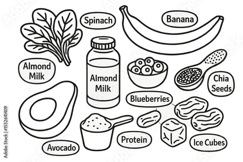 Healthy smoothie ingredients: almond milk, spinach, banana, blueberries, chia seeds