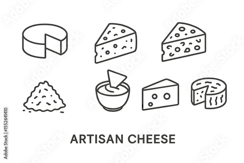 Variety of artisan cheeses: sliced, grated, whole, and dipped