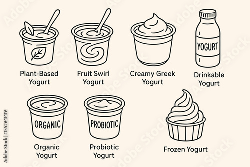 Assorted yogurt types: plant-based, fruit swirl, greek, drinkable, organic, probiotic, frozen