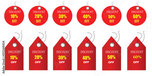 Set of price tags in plasticine style. Orange and purple tags with percent sign. Discount, sale. Promotion offer tag. Marking of products with reduced prices. Vector object in different position.