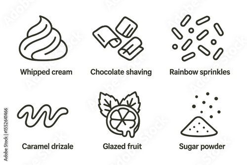 Dessert toppings collection: whipped cream, chocolate shavings, rainbow sprinkles, caramel drizzle, glazed fruit, sugar powder