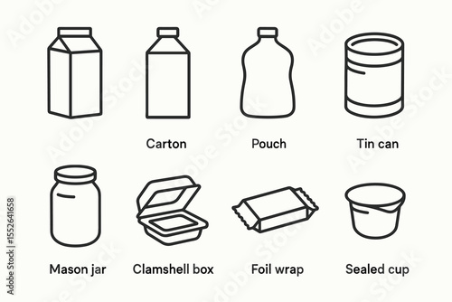 Illustrations of various food packaging types: carton, pouch, tin can, mason jar, clamshell box, foil wrap, sealed cup