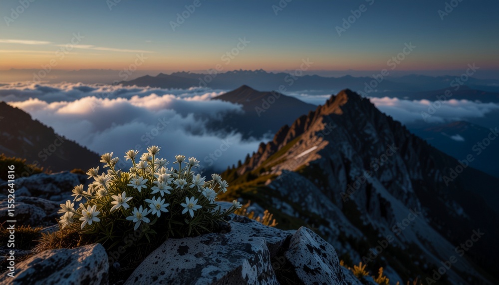 Obraz premium High-resolution hyper-realistic image of beautiful edelweiss-covered Everest mountains majestic peak in bloom, with macro floral focus, conveying a sense of awe and divine power