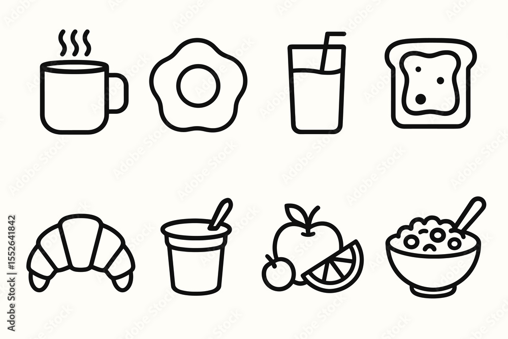Fototapeta premium Outline icons of breakfast foods: coffee, egg, juice, toast, croissant, yogurt, fruit, cereal