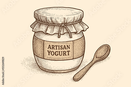 Vintage sketch of artisan yogurt jar with wooden spoon on rustic background