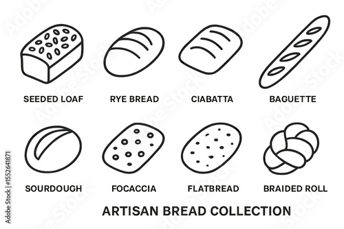 Artisan bread collection: seeded loaf, rye, ciabatta, baguette, sourdough, focaccia, flatbread, braided roll
