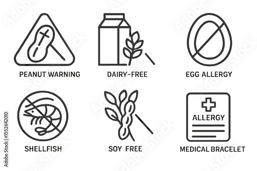 Allergy alert symbols: peanut, dairy, egg, shellfish, soy, medical bracelet signs