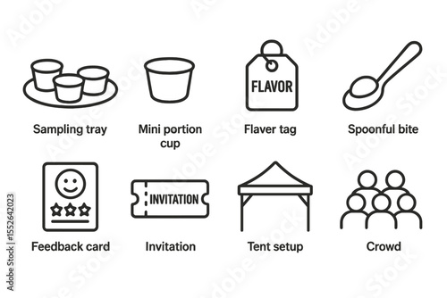 Icons for food tasting and event planning: sampling, invitation, and setup