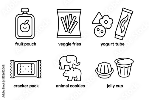 Illustrated variety of packaged snacks: fruit, veggie, yogurt, cracker, animal cookies, jelly