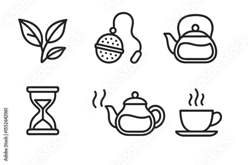 Tea icons: teapot, cup, leaves, infuser, hourglass on brown background