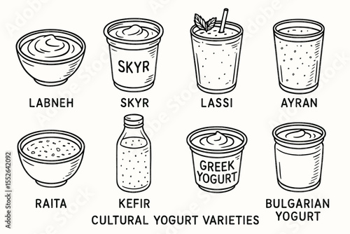 Cultural yogurt varieties: labneh, skyr, lassi, ayran, raita, kefir, greek, bulgarian