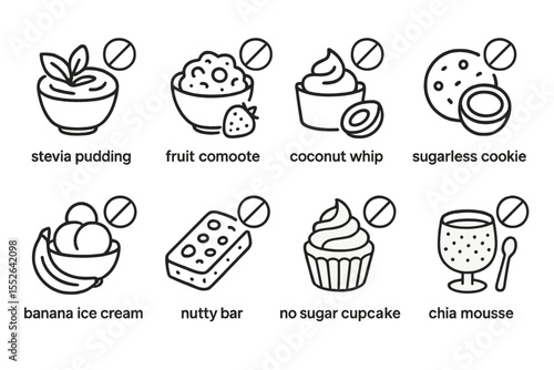 Assortment of sugar-free dessert icons with warning symbols on gradient background