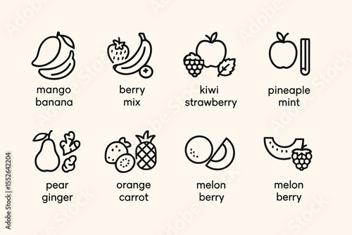 Minimalist fruit icons featuring mango, berry mix, kiwi, pineapple, mint, pear, ginger, orange, carrot, melon