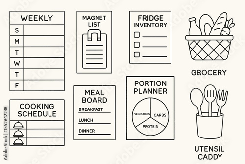 Weekly meal planner with grocery list and kitchen organization tools