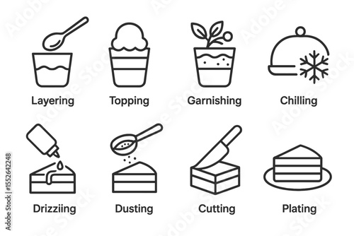 Minimalist icons representing culinary techniques on dark background