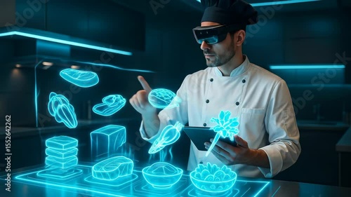 A chef in a futuristic kitchen uses AR glasses to interact with holographic food. High-tech cooking with glowing surfaces and 3D food displays.