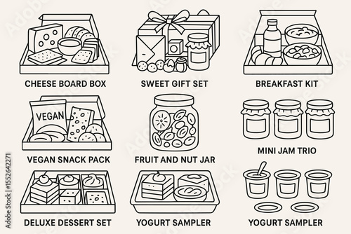 Selection of gourmet gift boxes and snack sets with various treats