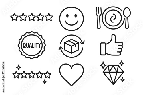 Symbolic icons: quality, satisfaction, delivery, and dining essentials