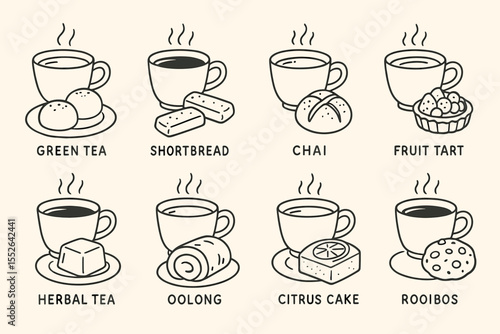 Line art tea and snack pairings: green, chai, herbal, oolong, citrus, shortbread, tart, rooibos