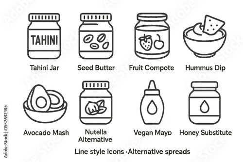Line art icons of alternative spreads and jars for health-conscious lifestyles
