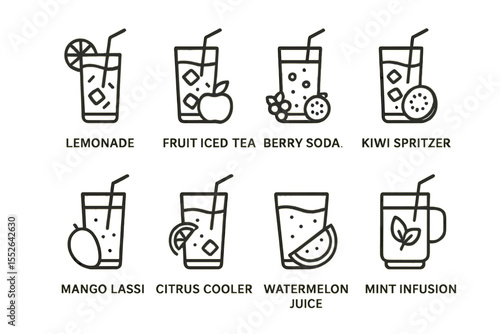 Assorted refreshing drink icons featuring lemonade, iced tea, berry soda, and more