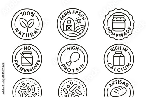 Organic food badges: natural, farm fresh, homemade, no preservatives, high protein, calcium rich, artisan