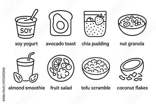 Illustrated healthy vegan breakfast options on dark background