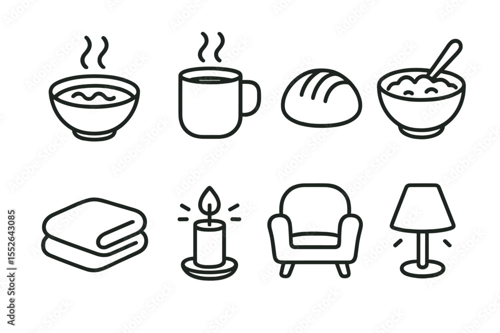 Cozy icons: soup, coffee, bread, and home comforts on green background Cozy icons: soup, coffee, bread, and home comforts on green background