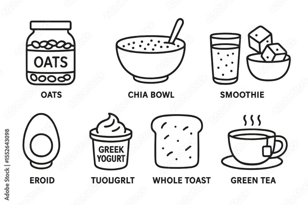 Obraz premium Healthy breakfast icons set: oats, chia bowl, smoothie, egg, greek yogurt, toast, green tea