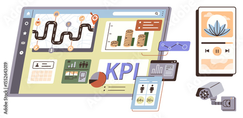 Analytical dashboard with KPI metrics, growth charts, maps, mobile app, graphs, and security camera interface. Ideal for business management, technology, strategy oversight workflow planning