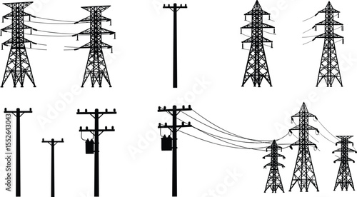 Electric power transmission towers, utility poles, silhouette set, high voltage lines, electricity infrastructure, industrial grid system, energy supply, urban power, black vector illustration, 
