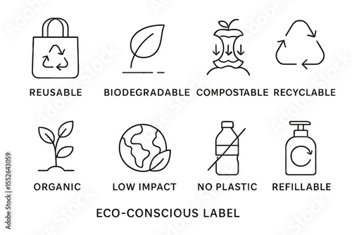 Eco-conscious label icons: reusable, biodegradable, compostable, recyclable symbols