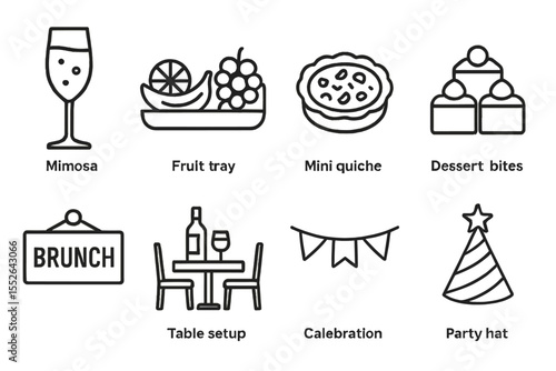 Brunch icon set with mimosa, fruit tray, mini quiche, dessert bites, and party decor