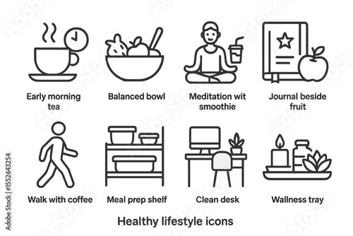 Healthy lifestyle icons featuring meditation, balanced diet, and wellness