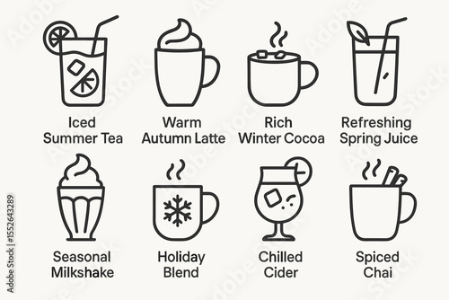 Variety of iconic seasonal beverages illustrations featuring tea, latte, cocoa, juice, milkshake, cider, and chai